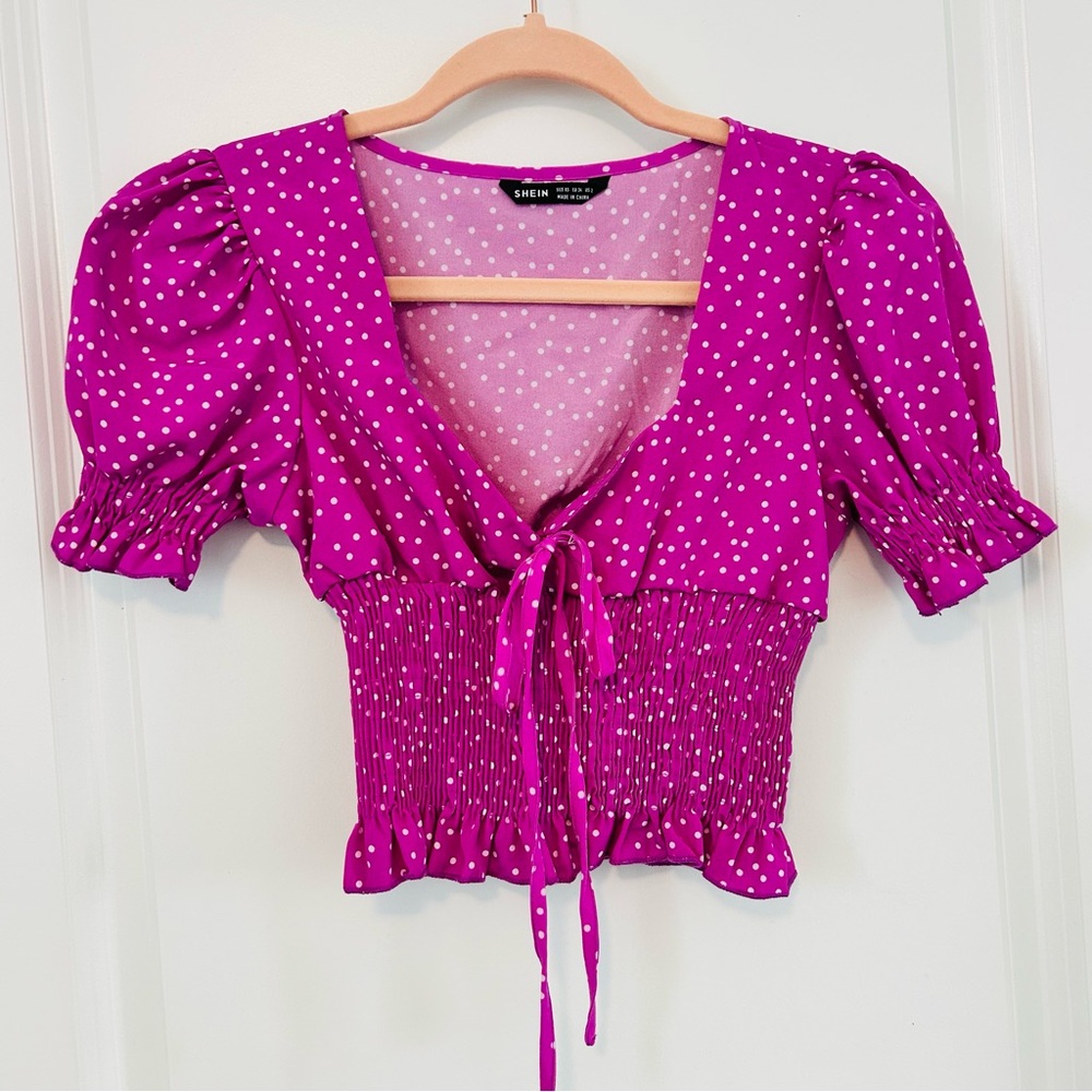SHEIN Pink Puff Sleeve Tie Front Crop Blouse
